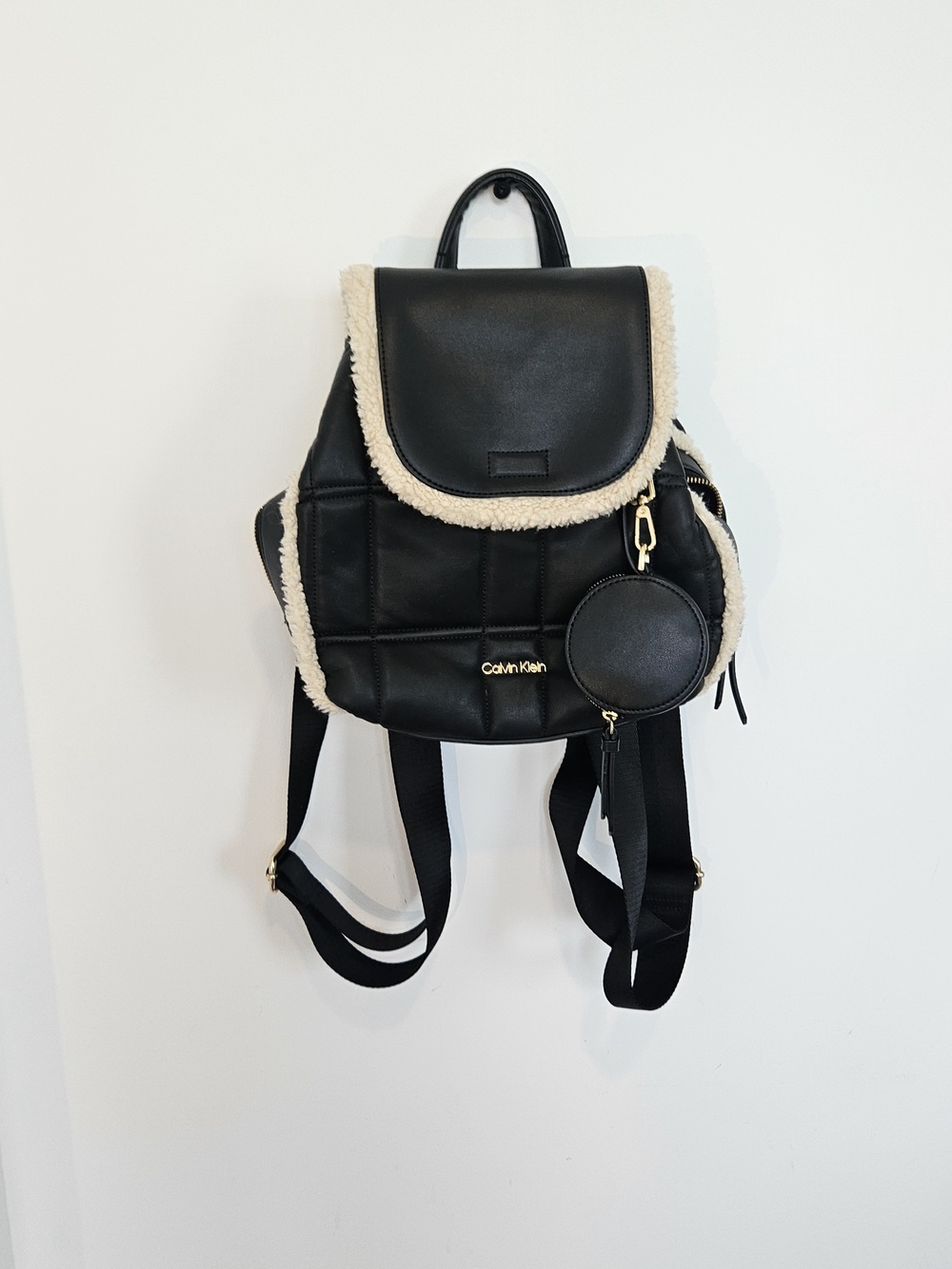 Calvin Klein Black Backpack with Cream Shearling Trim and Detachable Coin Pouch